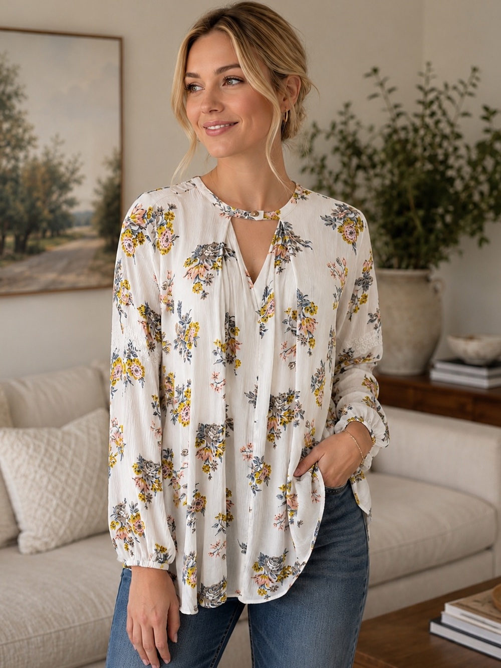 Free People Oversized XS Floral Boho Swing Blouse Flowy Long Sleeve Ivory Top